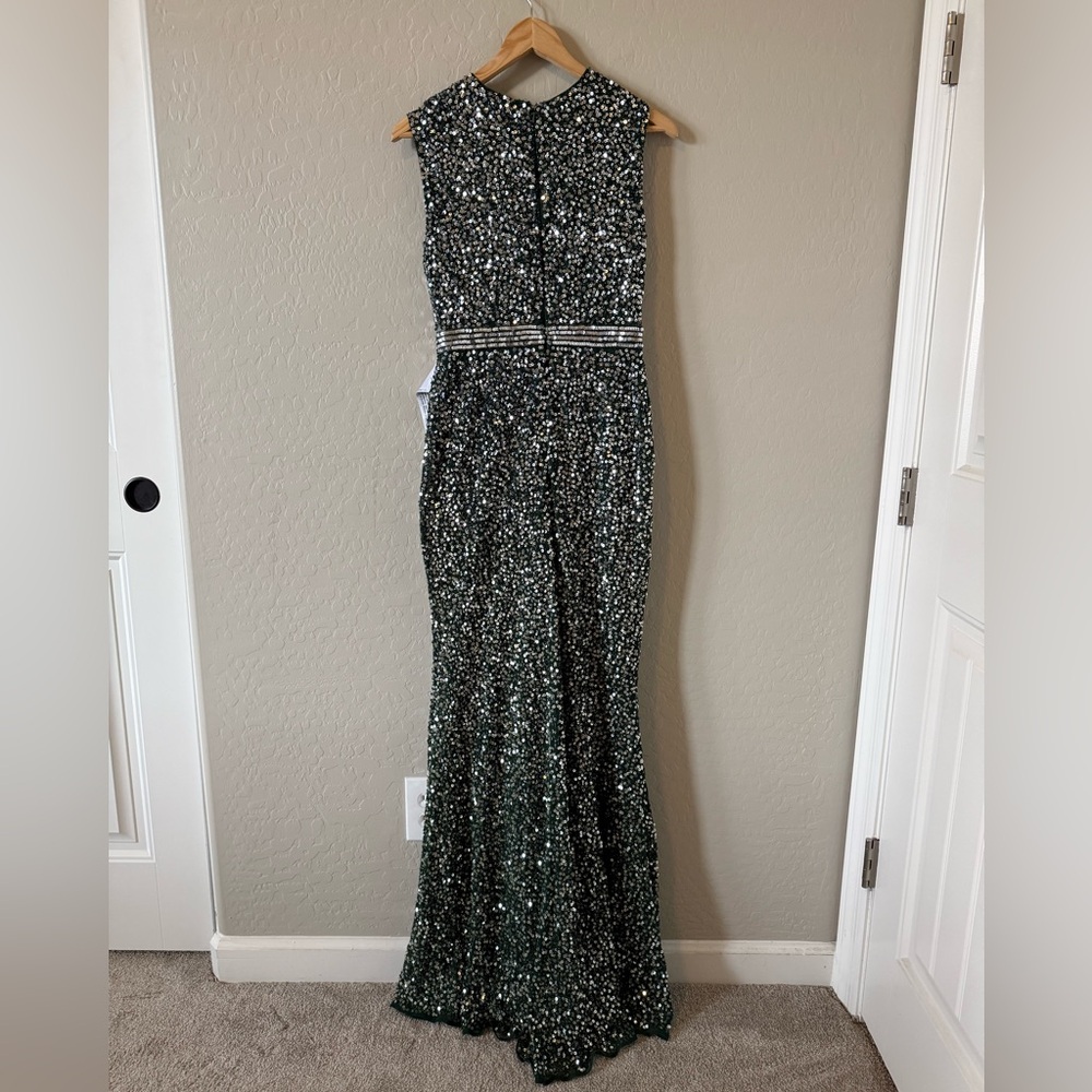 NWT MAC DUGGAL Forest Green Cap Sleeve Sequined High Slit Gown - 4 - Picture 6 of 8
